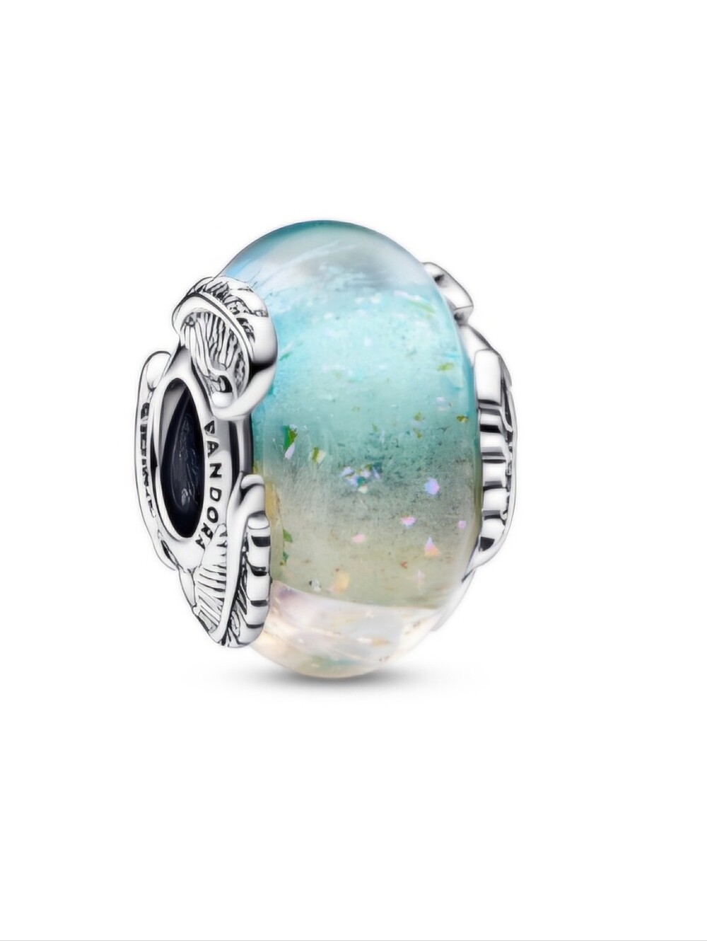 Authentic Pandora Iridescent Aqua and Green Glass Charm with Silver Core
